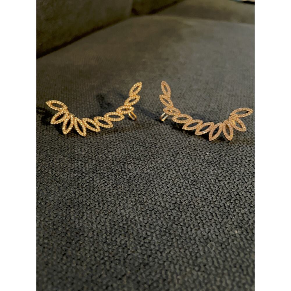 Gold Tone Rhinestone Leaf Ear Cuff Climber Earrings